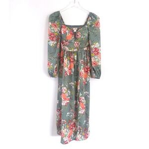 BOG Collective | Green Floral Print Long-Sleeve Midi Dress Sweetheart Neck